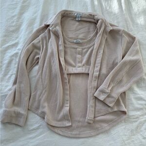 Beige Waffle Knit Button-Up Shirt and Tank Set